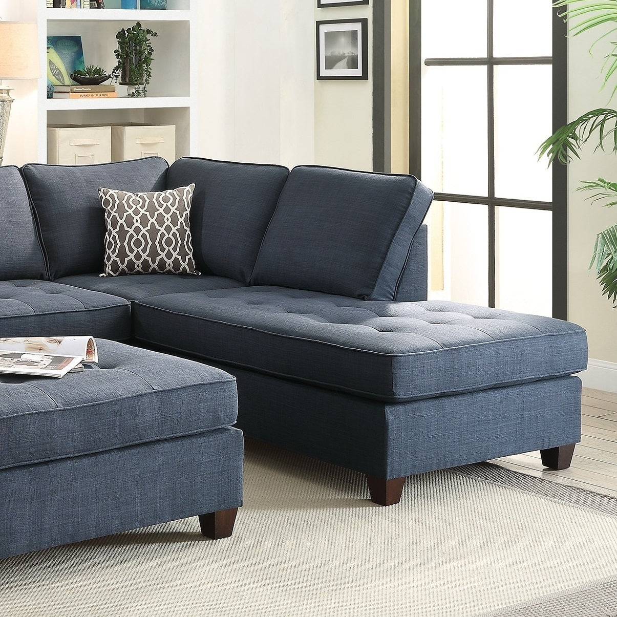 2pc Reversible Chaise Dark Blue Dorris Fabric Sectional Sofa Set: Living Room Furniture Couch