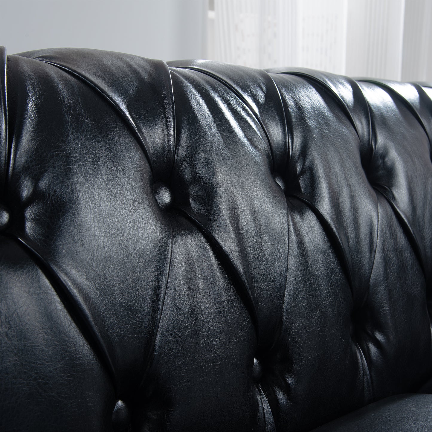84.65" Three-Seater Sofa with Rolled Arm and Black PU Upholstery: Chesterfield Design