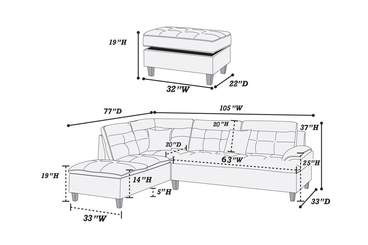Living Room Furniture Charcoal Cushion Sectional with Ottoman - Linen Like Fabric Sofa Chaise