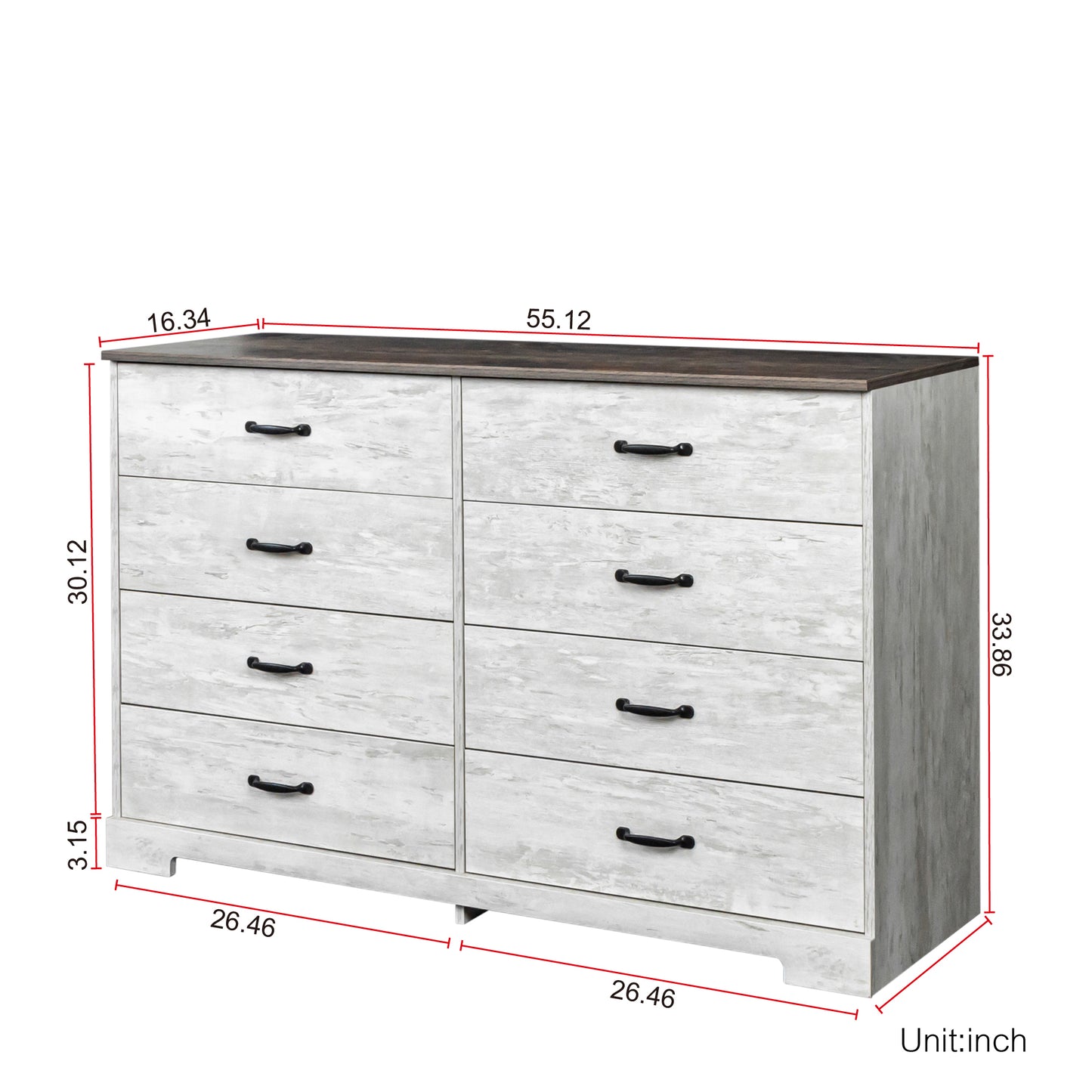 Modern white grey wood side cabinet with 8 drawers, 8 drawer white grey wood grain drawer cabinet , large storage space for Living Room Bedroom