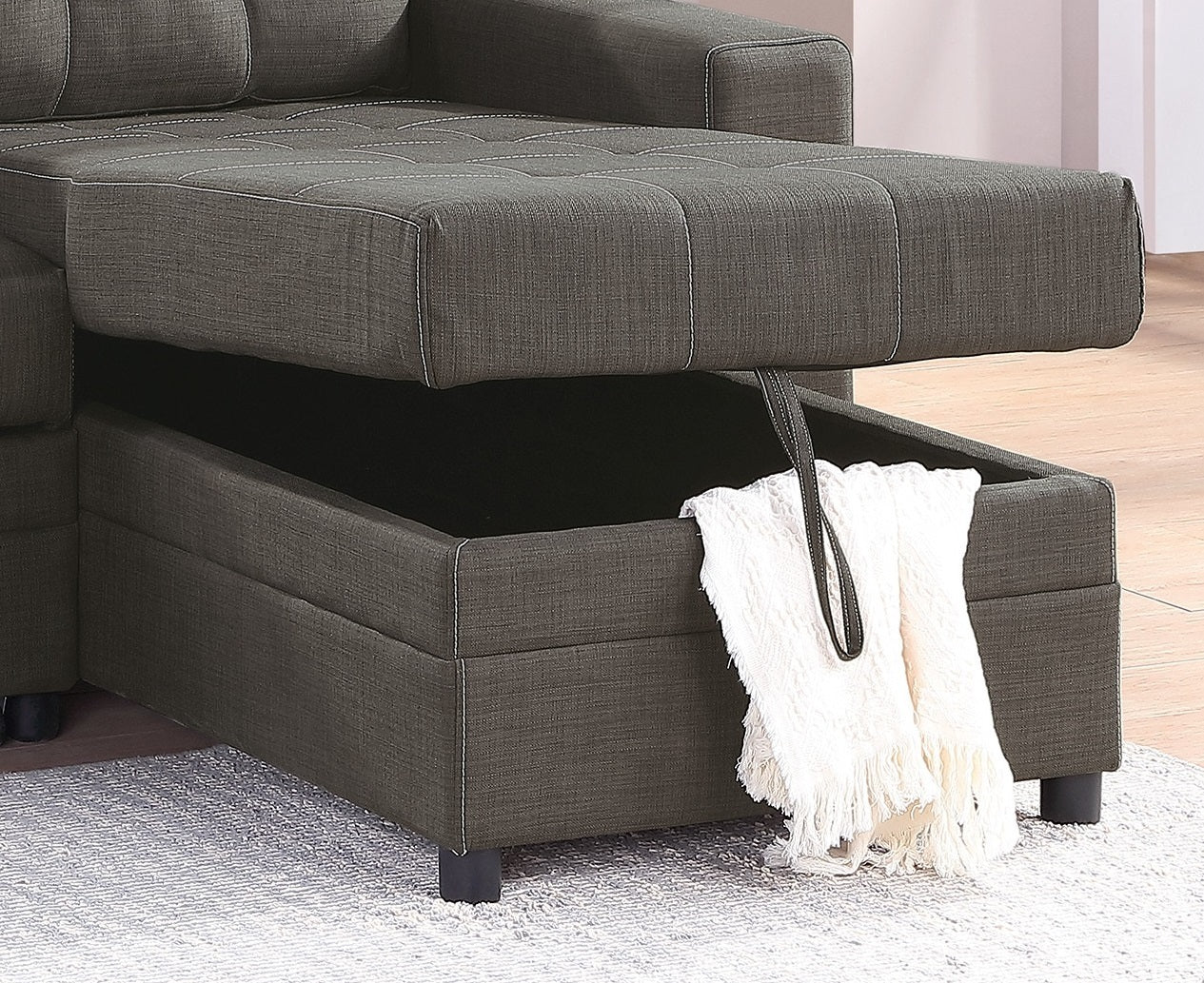 Convertible Sectional Pull Out Bed Sofa Chaise with Reversible Storage, Ash Black Polyfiber Tufted Couch Lounge - Various Sizes Available