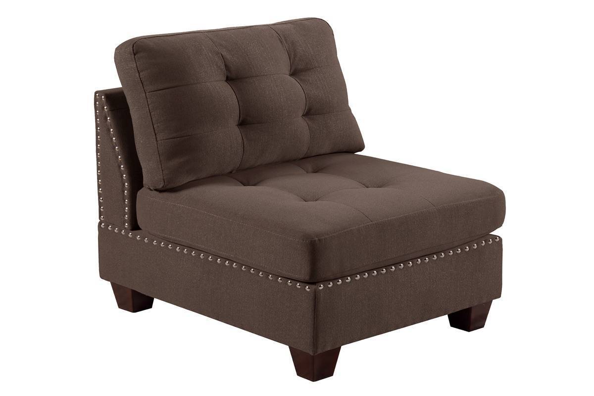 Contemporary Modular Sectional 8pc Set Living Room Furniture - Black Coffee Linen Like Fabric, Tufted Nail heads, Corner L-Sectional with 3x Corner Wedge, 3x Armless Chair, and 2x Ottoman