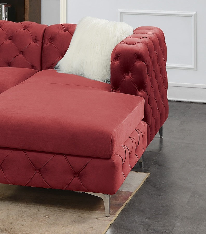 Gorgeous Living Room U-Sectional Burgundy Velvet Tufted Cushion Couch LAF and RAF Chaise Armless Loveseat: Luxurious Velvet U-Sectional Couch with Tufted Cushions and Armless Loveseat in Burgundy Color