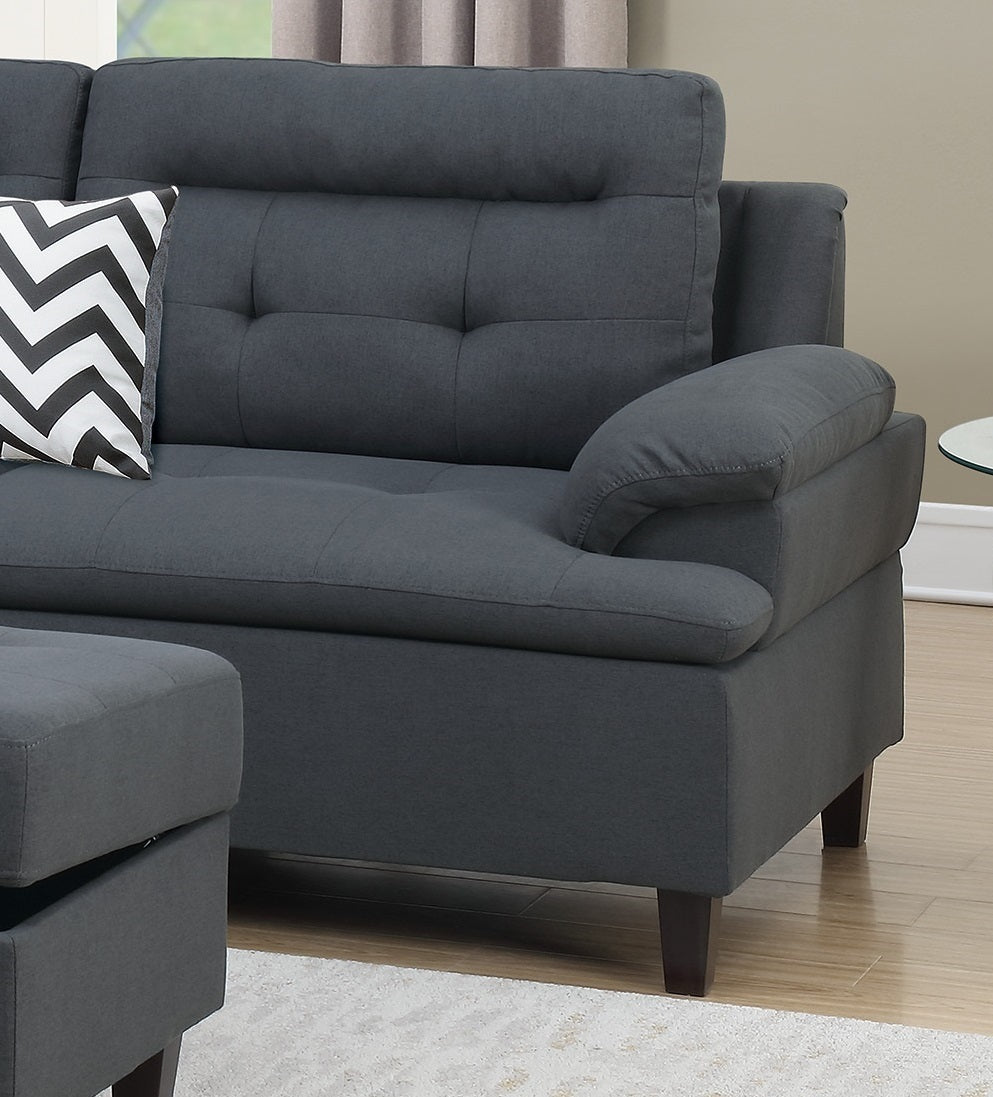 Living Room Furniture Charcoal Cushion Sectional with Ottoman - Linen Like Fabric Sofa Chaise
