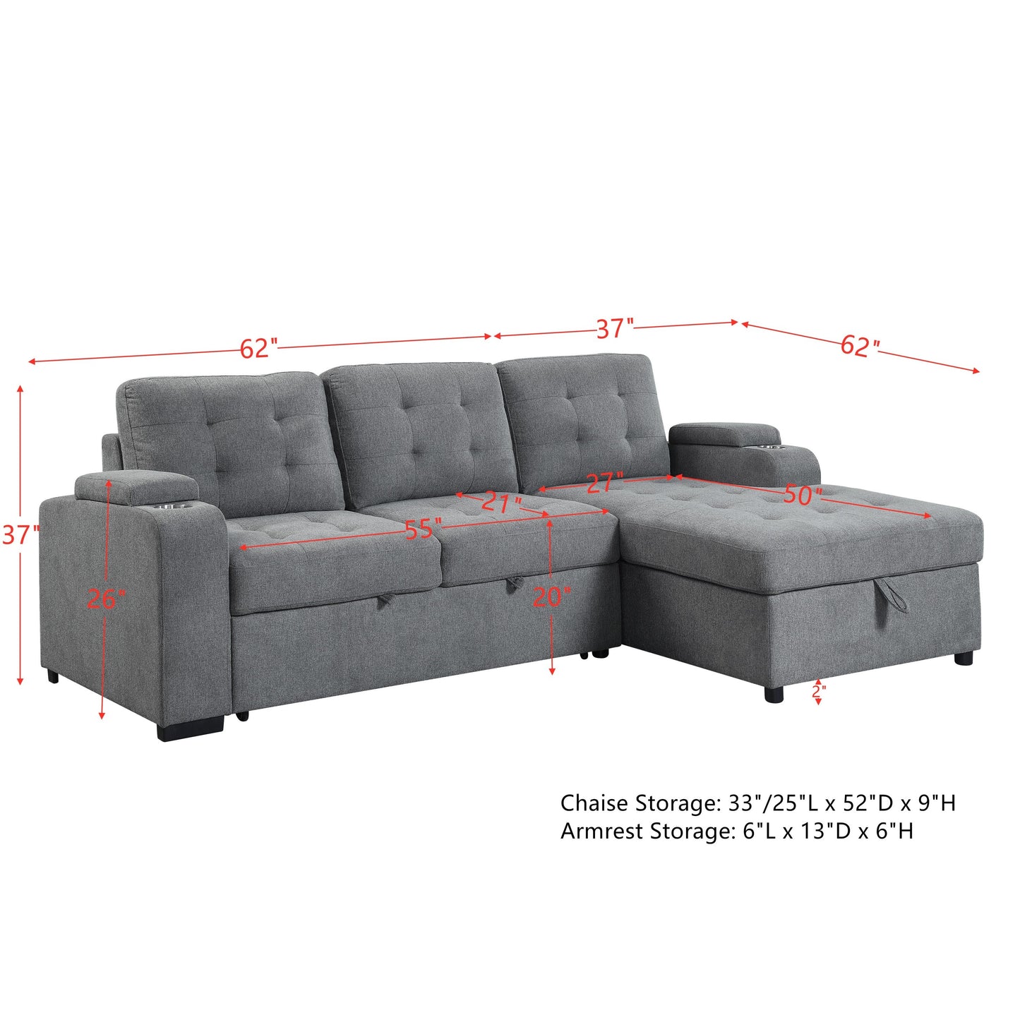 ACME Kabira Sleeper Sectional Sofa w/Storage, Gray Fabric: Comfortable & Functional Seating with Storage Space