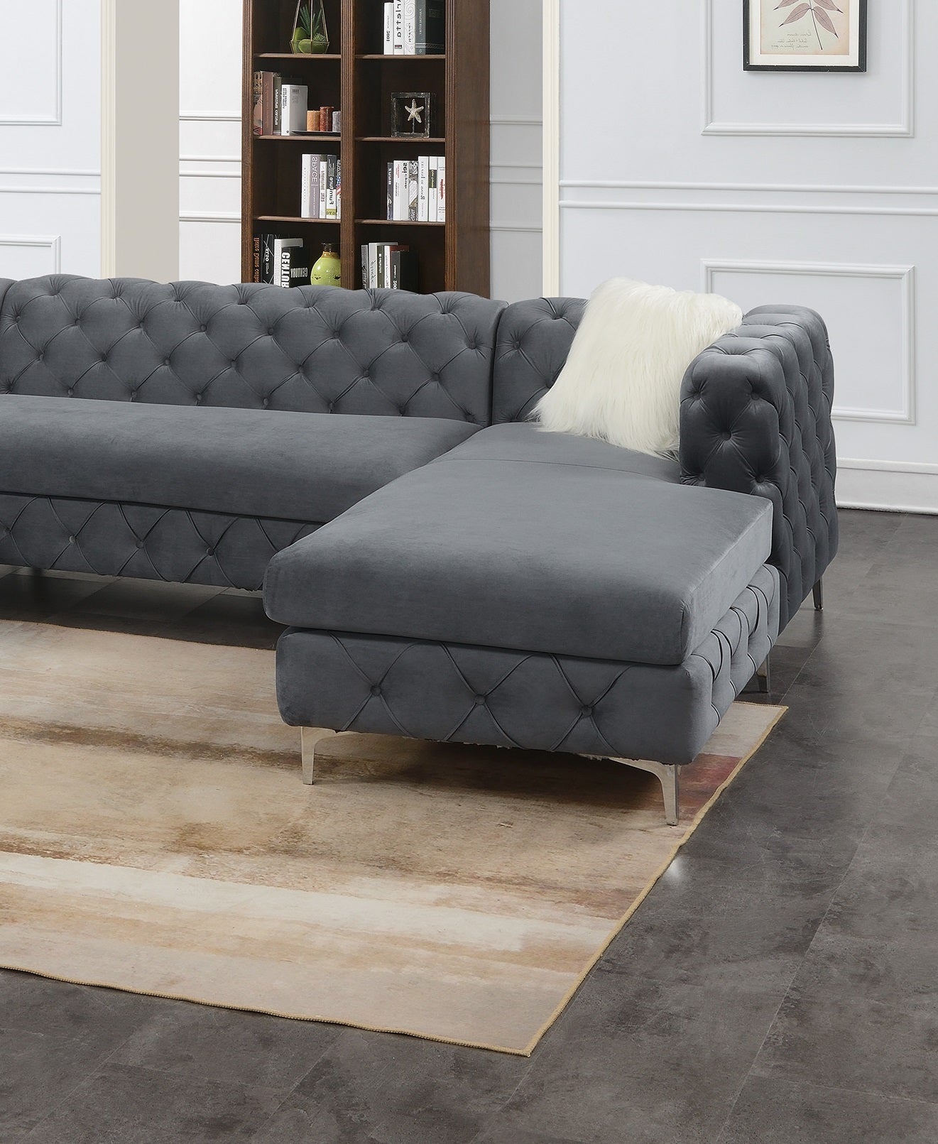 Gorgeous U-Sectional Grey Velvet Tufted Cushion Couch with Chaise and Armless Loveseat – Ideal Living Room Centerpiece