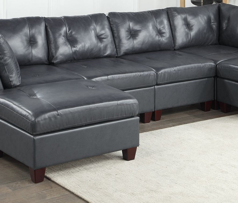 Genuine Leather Black Tufted 6pc Sectional Set - Corner Wedge, Armless Chair, Ottomans - Living Room Furniture Sofa Couch