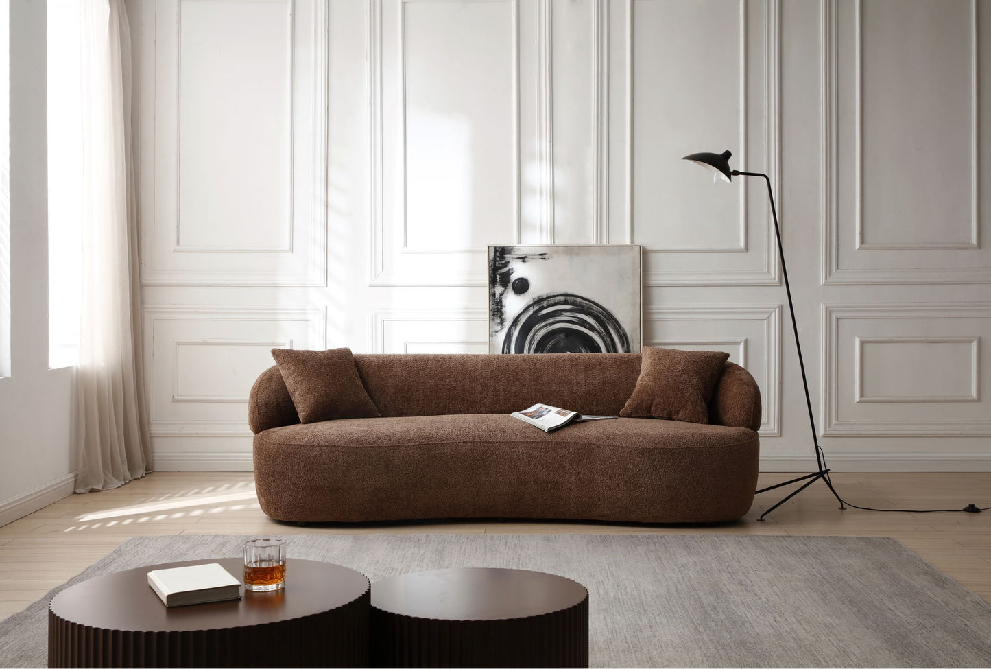 Mid Century Modern Curved Sofa, 3 Seat Cloud Boucle Fabric Couch for Living Room, Bedroom, Office - Brown