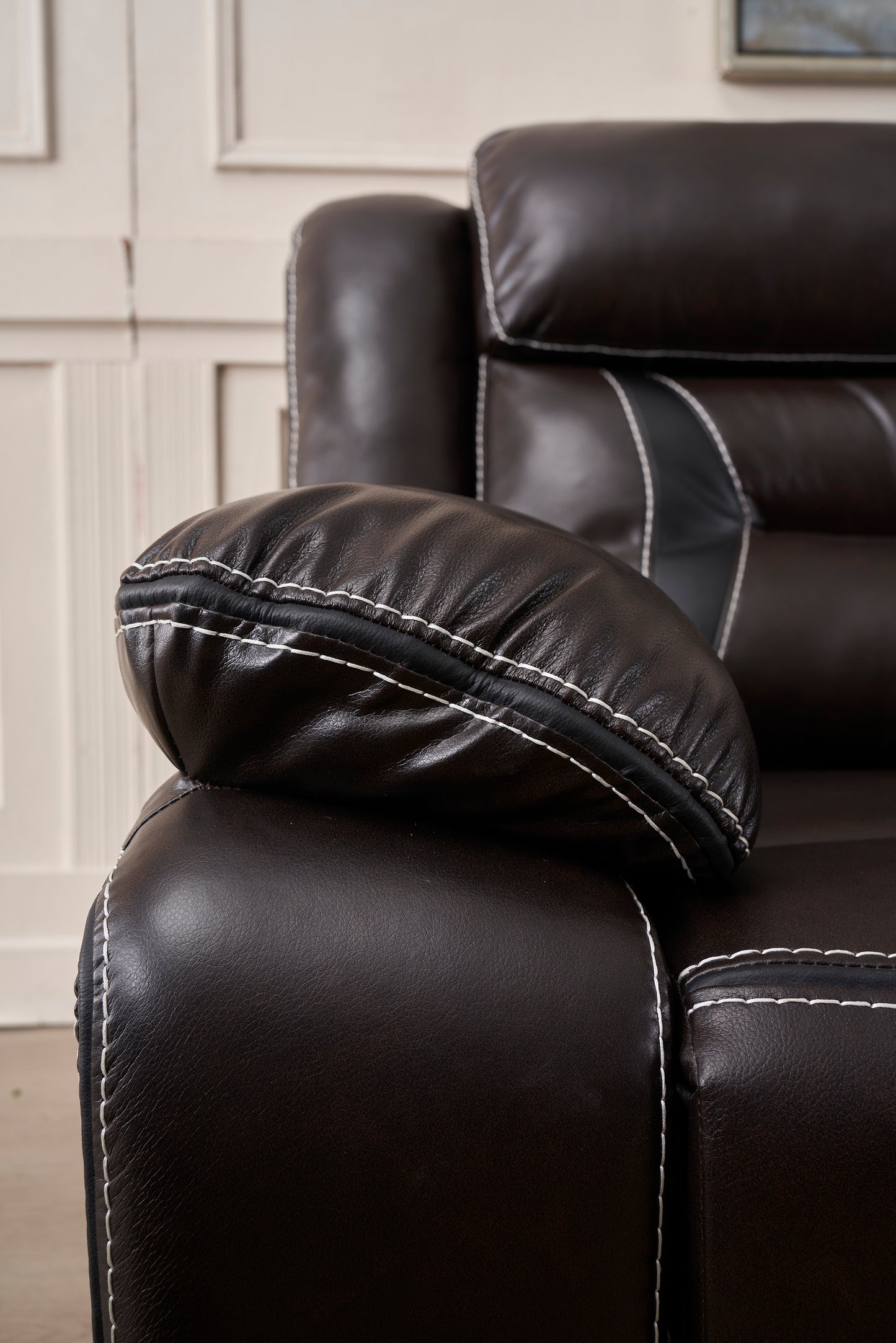 Reclining Upholstered Manual Puller in Faux Leather: Brown, 85.83"x38.58"x40.16"