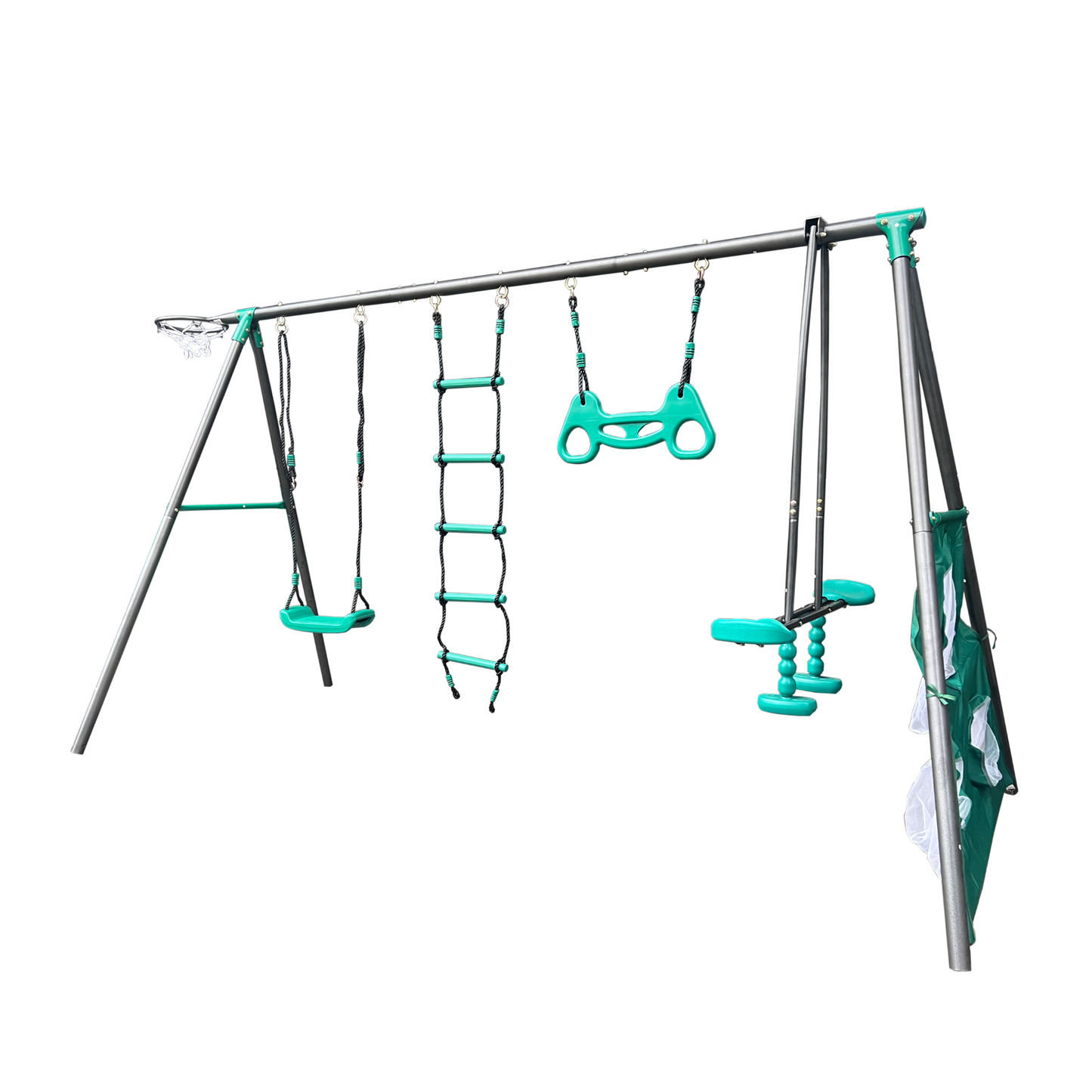 Blackish Green Four Function Swingset with Metal Plastic Swing Seat - 550lbs, Outdoor Playground for Age 3+