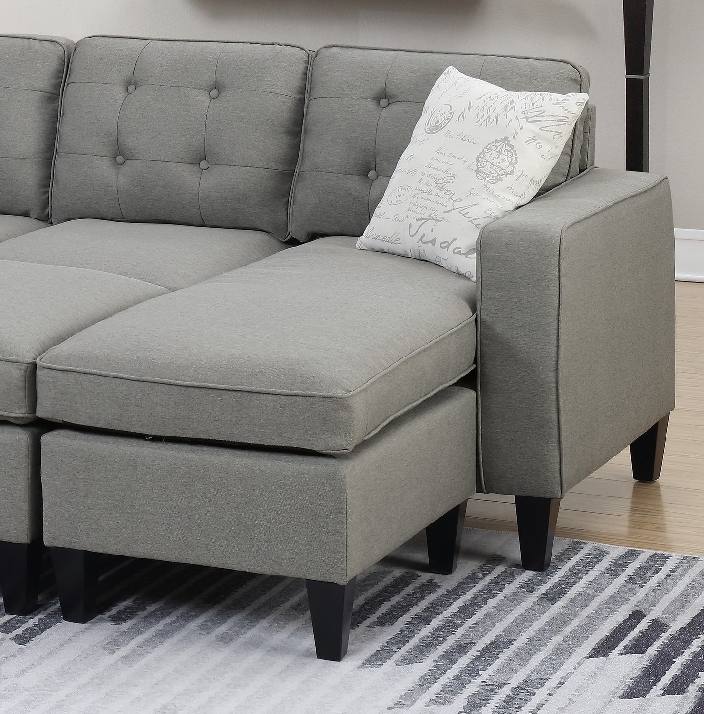 Reversible 3pc Sectional Sofa Set with Light Grey Tufted Polyfiber, Wood Legs, Chaise, Ottoman, Pillows, and Cushion Couch