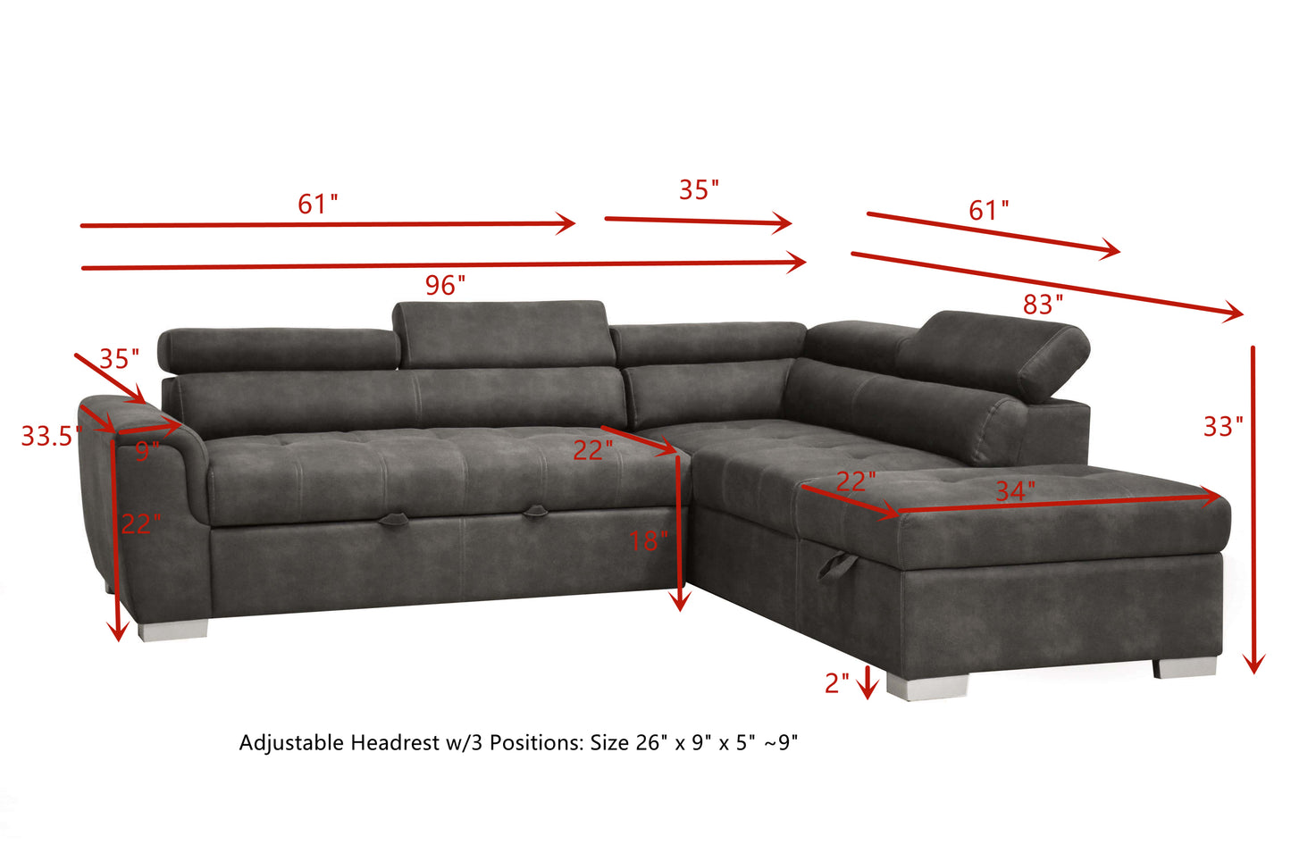 ACME Thelma Sectional Sofa with Sleeper & Ottoman - Gray Polished Microfiber - 50275