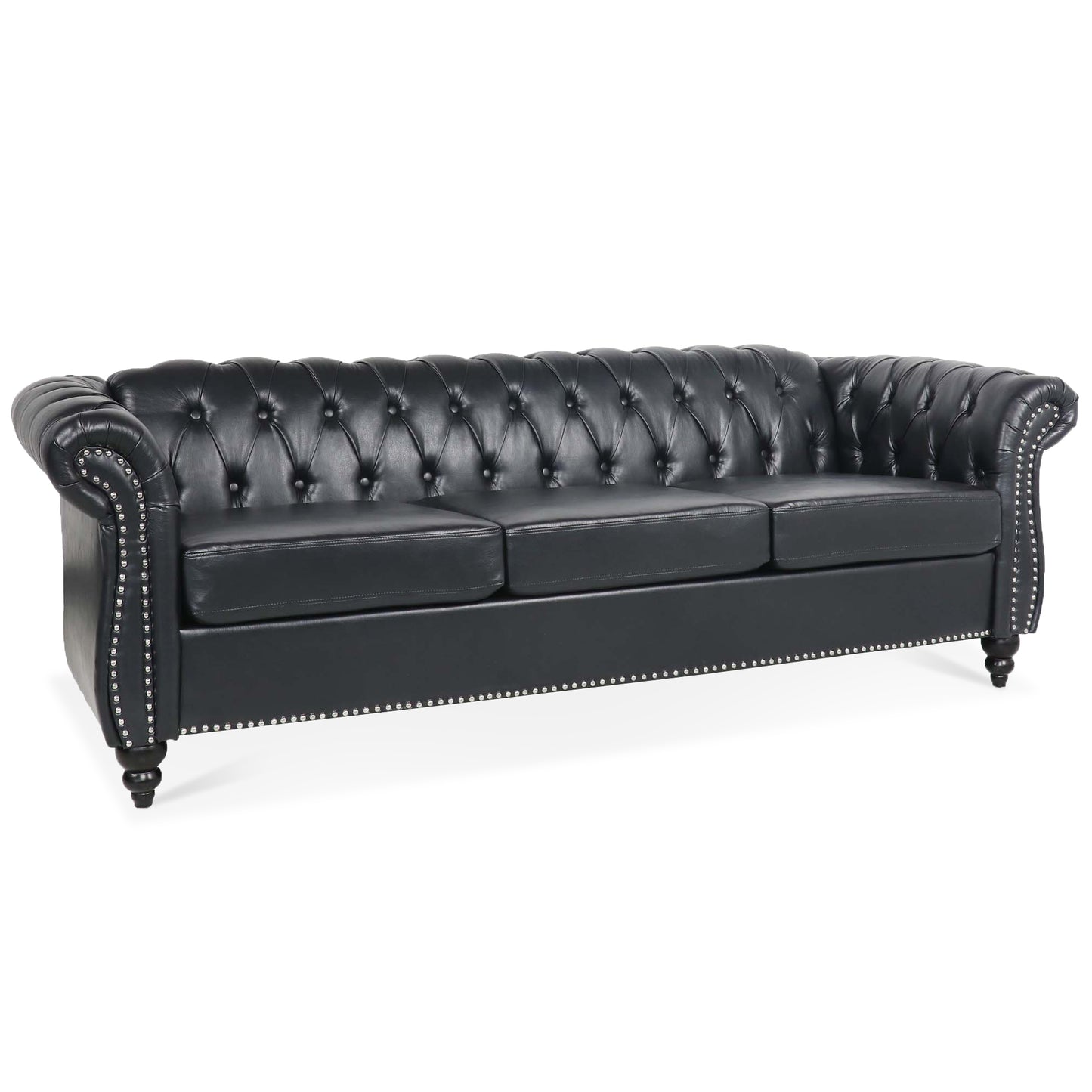 84.65" Three-Seater Sofa with Rolled Arm and Black PU Upholstery: Chesterfield Design