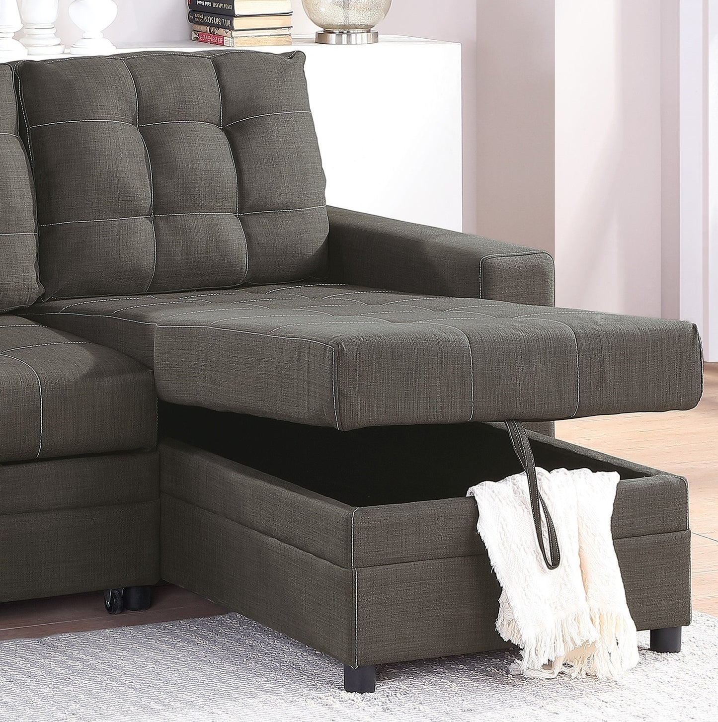 Convertible Sectional Pull Out Bed Sofa Chaise with Reversible Storage, Ash Black Polyfiber Tufted Couch Lounge - Various Sizes Available