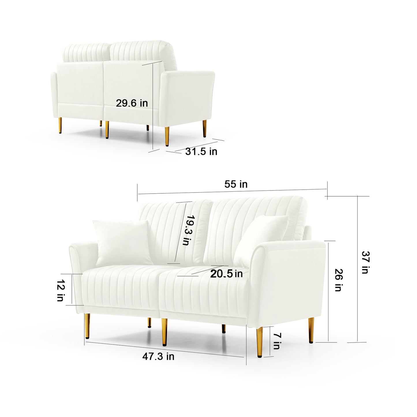 Modern Upholstered Sofa 3 Seater & 2 Seater Couches for Living Room Sectional Sofas with Throw Pillows and Gold Metal Legs, Cream Velvet