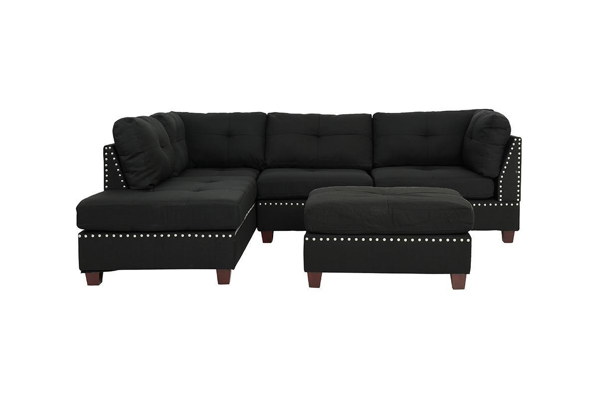 3-Pcs Black Polyfiber Sectional Sofa with Reversible Chaise & Ottoman - Cushion Sofa, Pillows Included