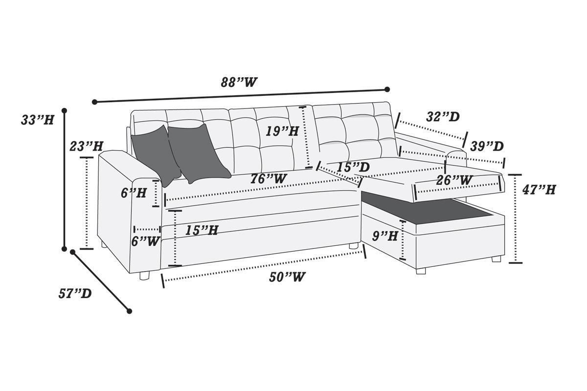 Convertible Sectional Pull Out Bed Sofa Chaise with Reversible Storage, Ash Black Polyfiber Tufted Couch Lounge - Various Sizes Available