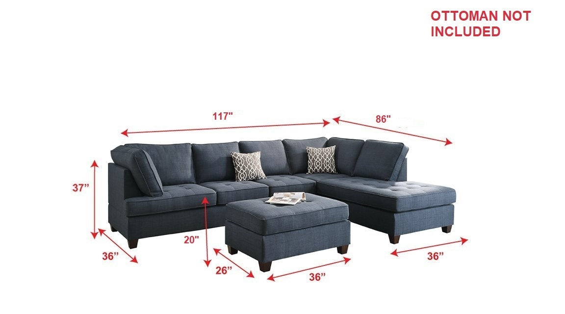 2pc Reversible Chaise Dark Blue Dorris Fabric Sectional Sofa Set: Living Room Furniture Couch