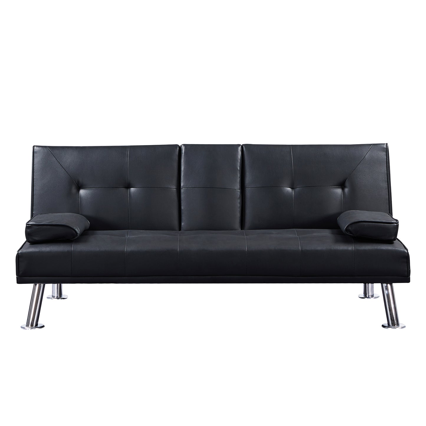 Black Faux Leather Loveseat Sofa Bed with Cup Holders - Convertible Folding Sleeper Couch Bed, Space-Saving Design - Comfortable, Durable, and Stylish - Perfect for Small Spaces - Includes Cup Holders - Black Color - Compact Size