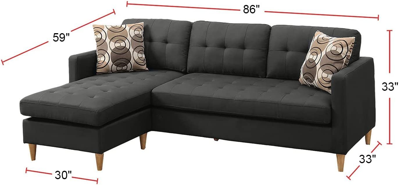 Black Polyfiber Sectional Sofa Living Room Furniture with Reversible Chaise, Pillows, Tufted Back, and Modular Design