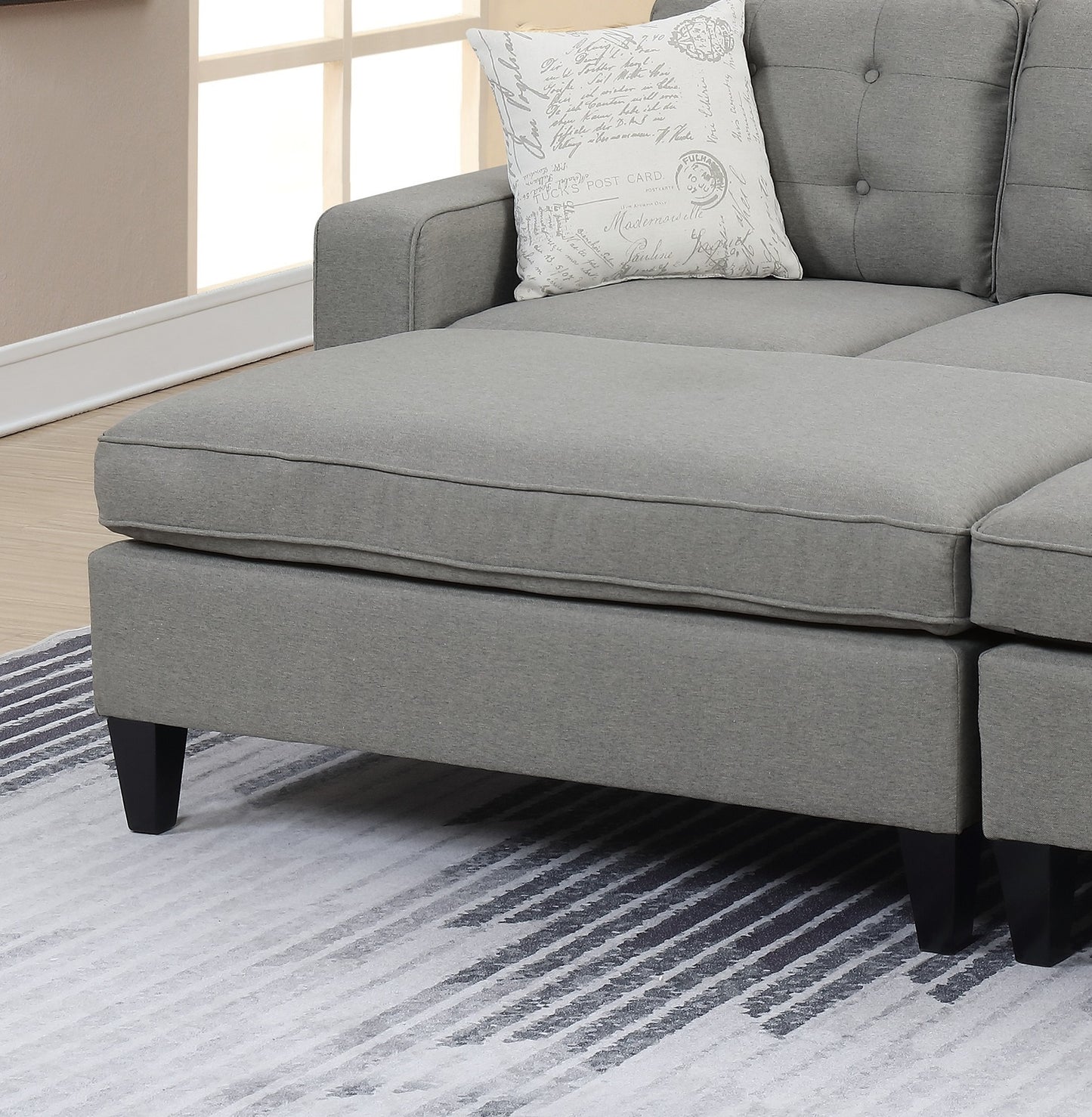 Reversible 3pc Sectional Sofa Set with Light Grey Tufted Polyfiber, Wood Legs, Chaise, Ottoman, Pillows, and Cushion Couch