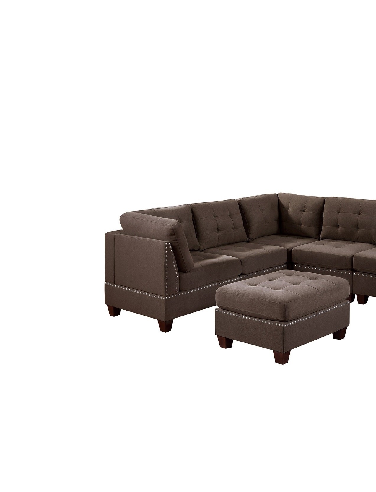 Contemporary Modular Sectional 8pc Set Living Room Furniture - Black Coffee Linen Like Fabric, Tufted Nail heads, Corner L-Sectional with 3x Corner Wedge, 3x Armless Chair, and 2x Ottoman