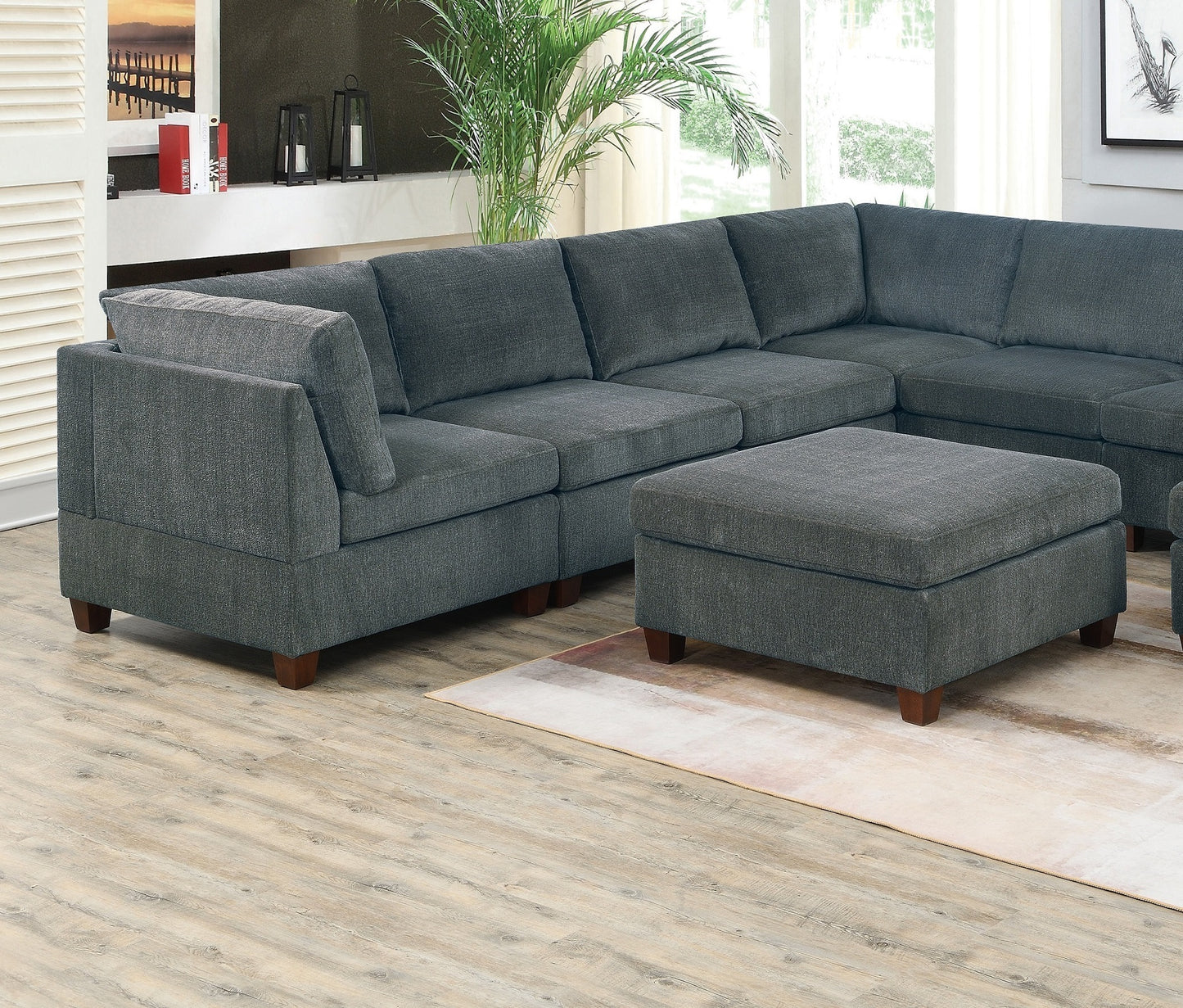 Living Room Furniture Grey Chenille Modular Sectional Set - Large Family U-Sectional Modern Couch 3x Corner Wedge 4x Armless Chairs and 2x Ottoman Plywood