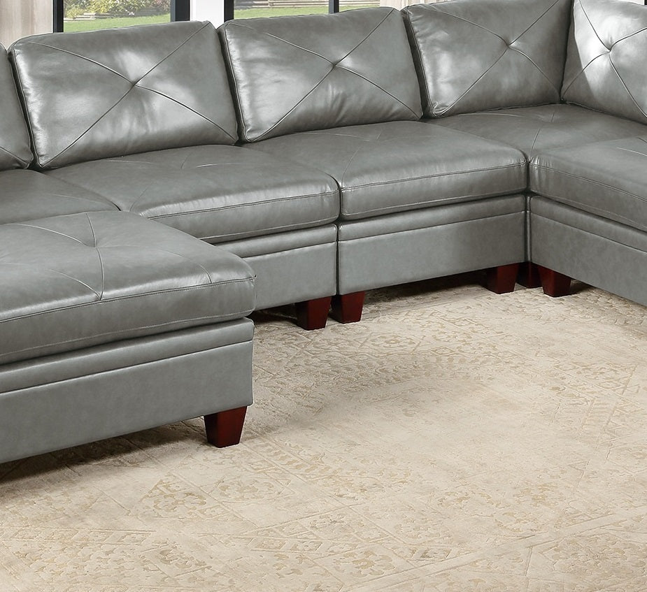 Genuine Leather Sectional Sofa Chair Ottomans 6pc Set - Grey Tufted Couch, Living Room Furniture