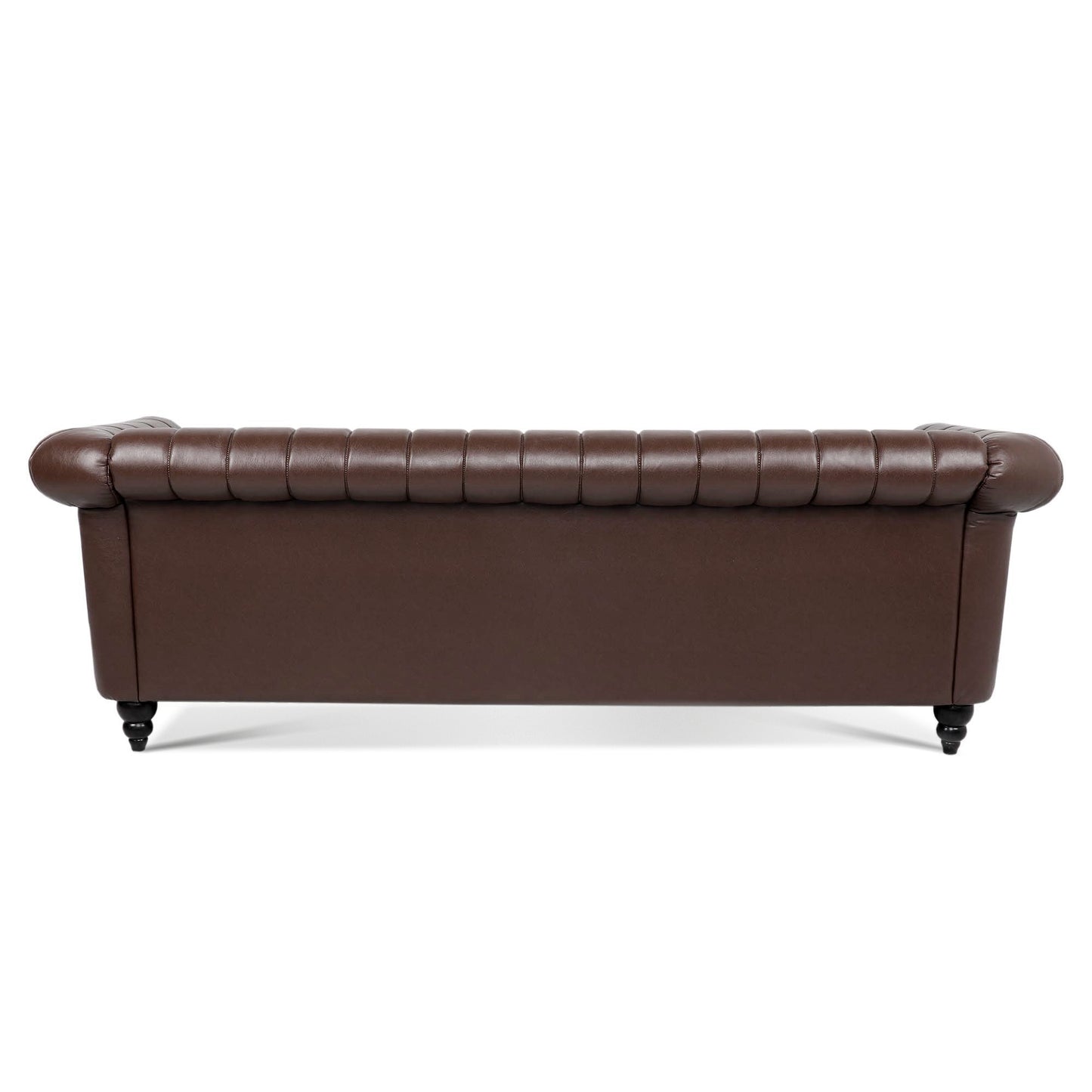 83.46'' Brown PU Rolled Arm Chesterfield Three Seater Sofa: Elegant and Spacious Upholstered Seating Solution with Classic Rolled Arms and Luxurious Brown PU Leather Finish