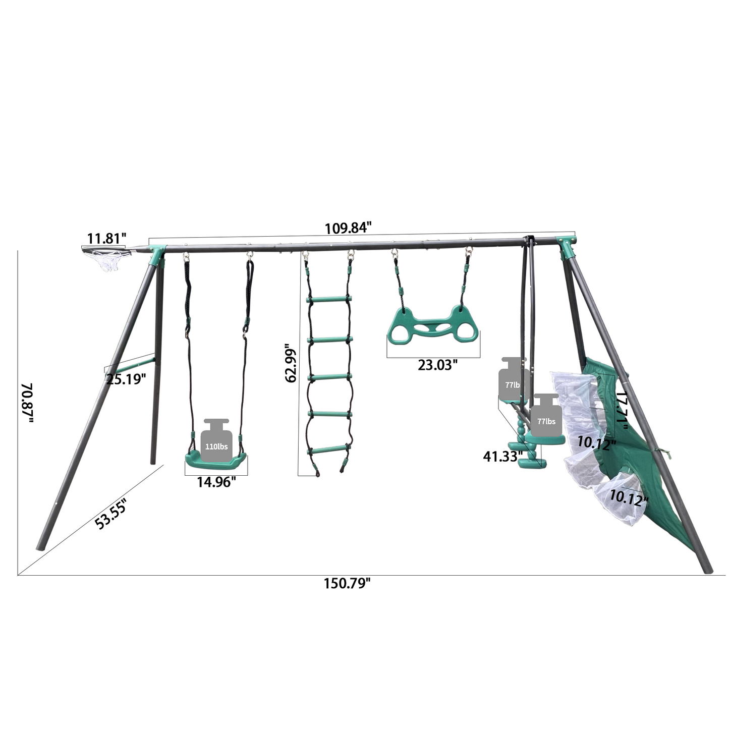 Blackish Green Four Function Swingset with Metal Plastic Swing Seat - 550lbs, Outdoor Playground for Age 3+