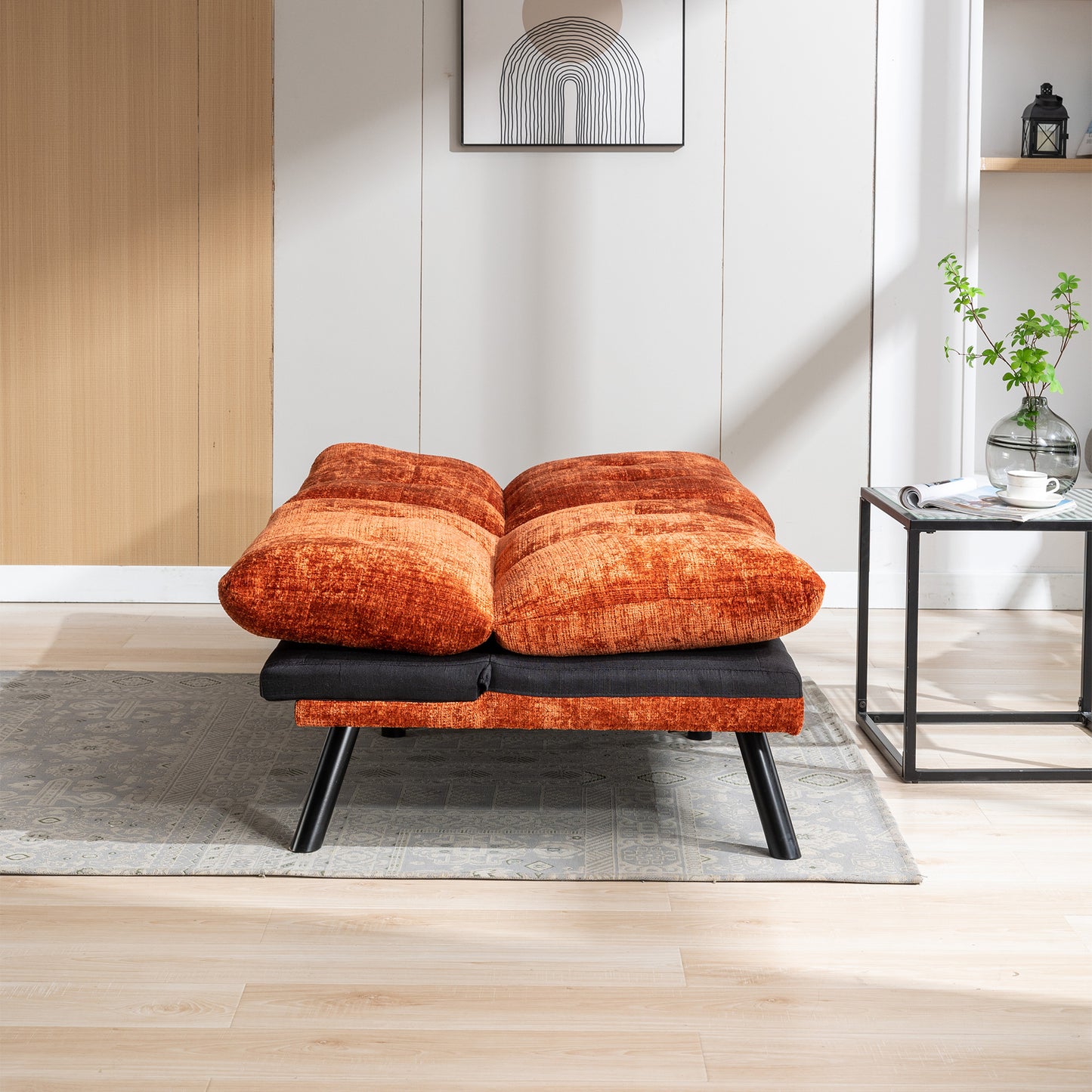 Convertible Sofa Bed Loveseat Futon Bed Breathable Adjustable Lounge Couch with Metal Legs - Compact Living Space Chenille-Orange