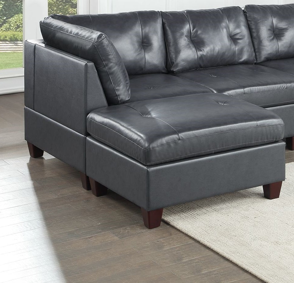 Genuine Leather Black Tufted 6pc Sectional Set - Corner Wedge, Armless Chair, Ottomans - Living Room Furniture Sofa Couch