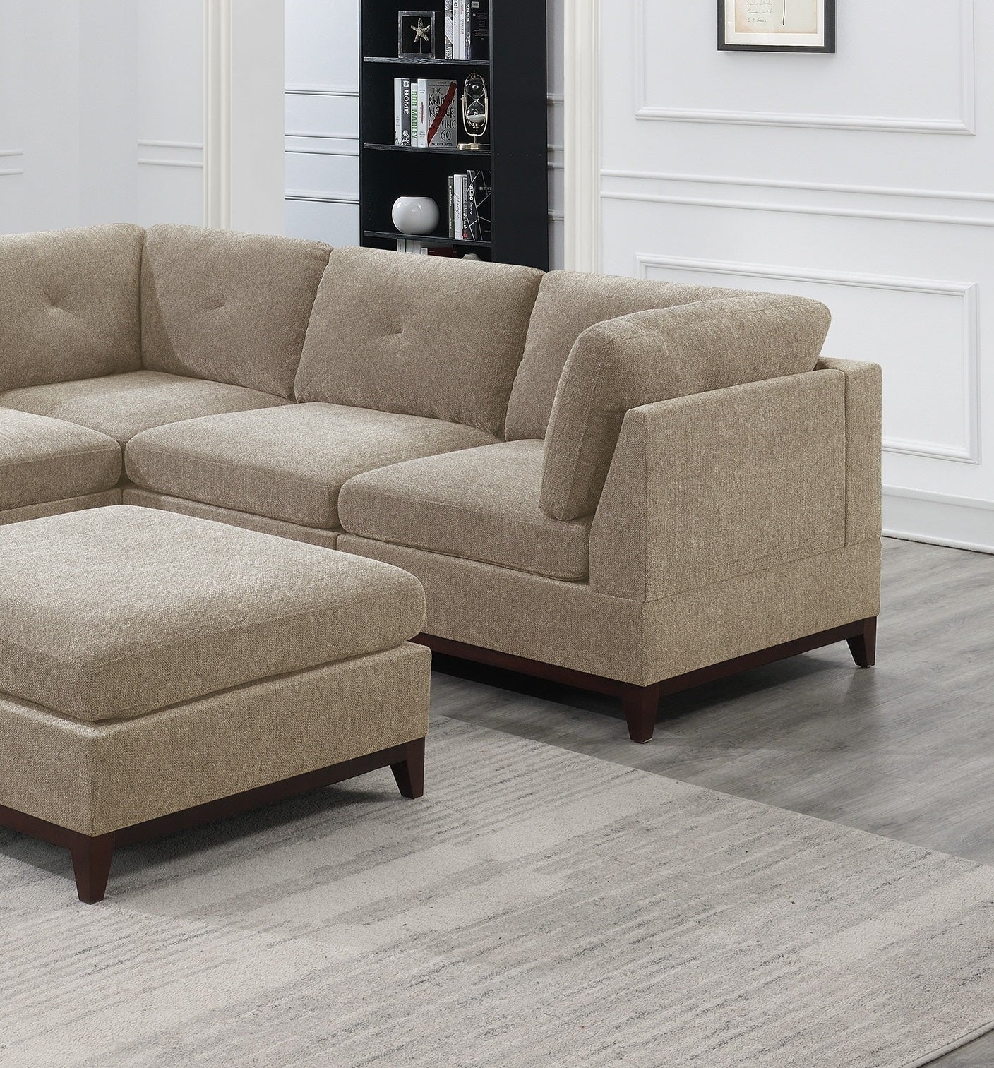 Camel Chenille Fabric Modular Sectional 6pc Set - Corner Sectional Couch with 3x Corner Wedge, 2x Armless Chairs, and 1x Ottoman Tufted Back - Living Room Furniture