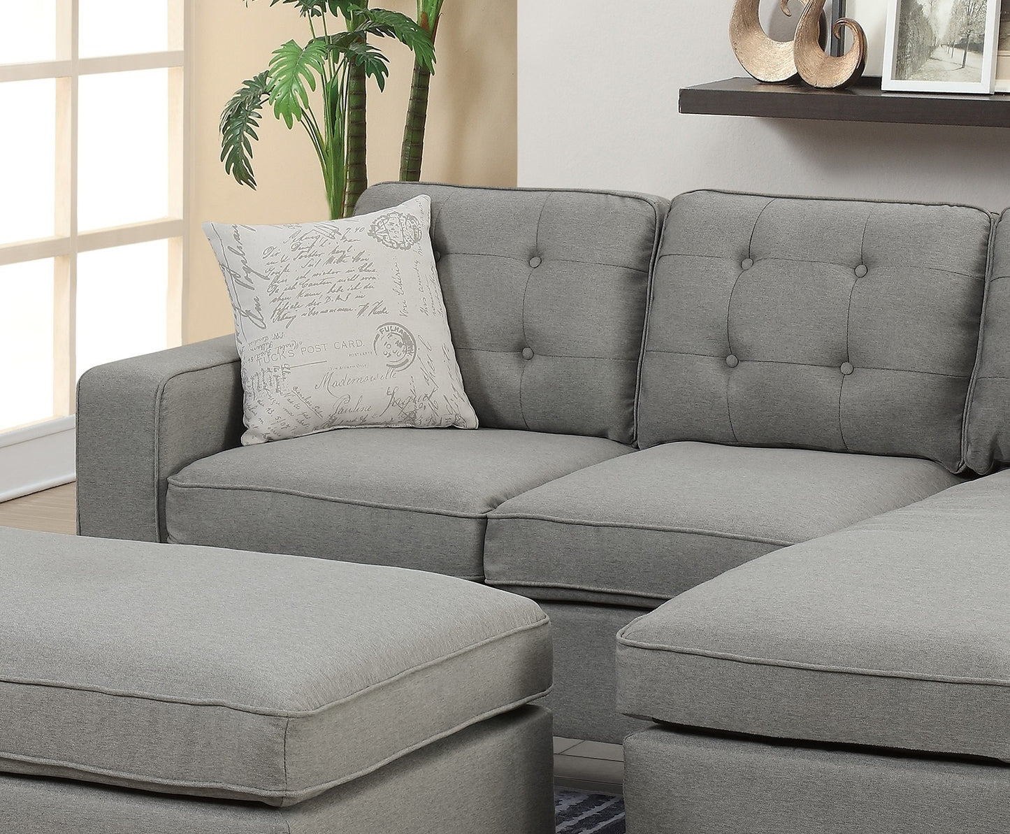 Reversible 3pc Sectional Sofa Set with Light Grey Tufted Polyfiber, Wood Legs, Chaise, Ottoman, Pillows, and Cushion Couch