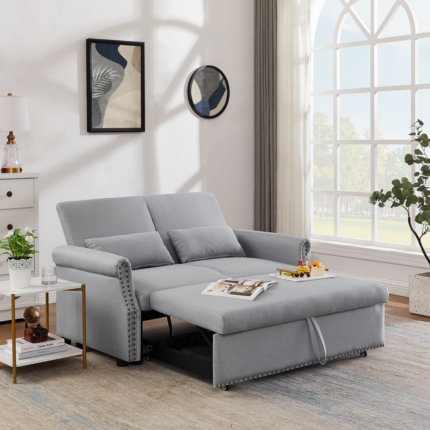 55" Pull Out Sleep Sofa Bed 2 Seater Loveseat with Adjustable Backrest and Lumbar Pillows for Apartment Office Living Room | Artemax Modern Couch