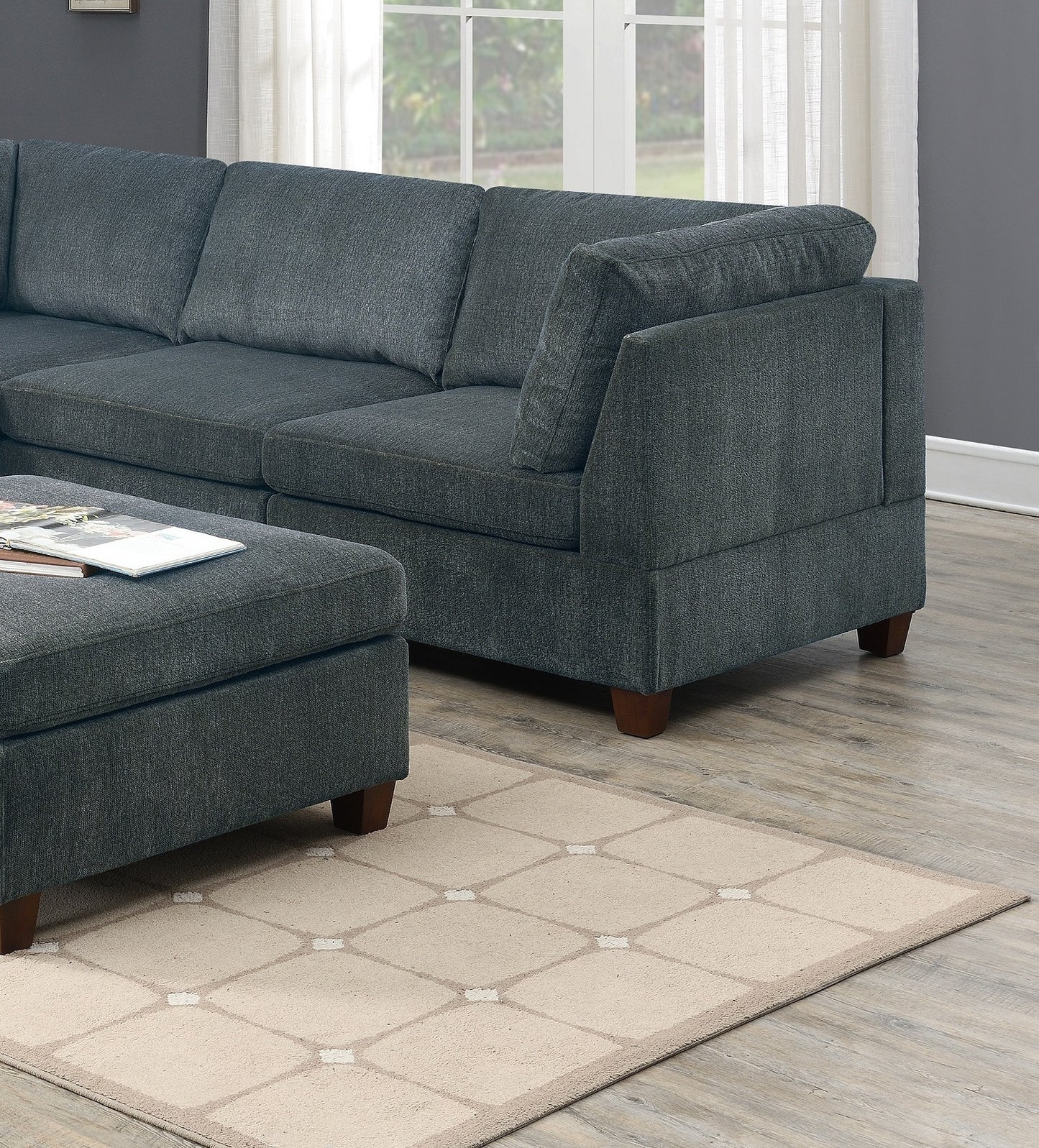 Grey Chenille Modular Sectional 6pc Set Corner Sectional Modern Couch 3x Corner Wedge 2x Armless Chairs and 1x Ottoman Plywood