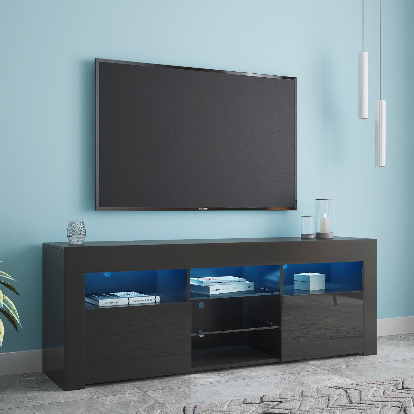 145 Modern 57" TV Stand Matte Body High Gloss Fronts with 16 Color LEDs
