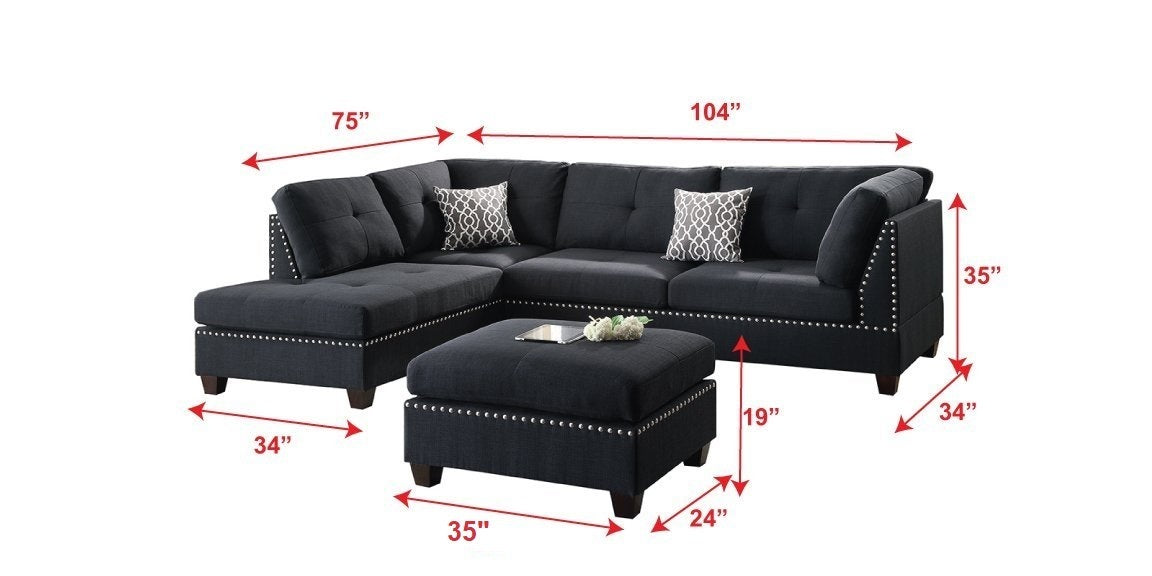 3-Pcs Black Polyfiber Sectional Sofa with Reversible Chaise & Ottoman - Cushion Sofa, Pillows Included