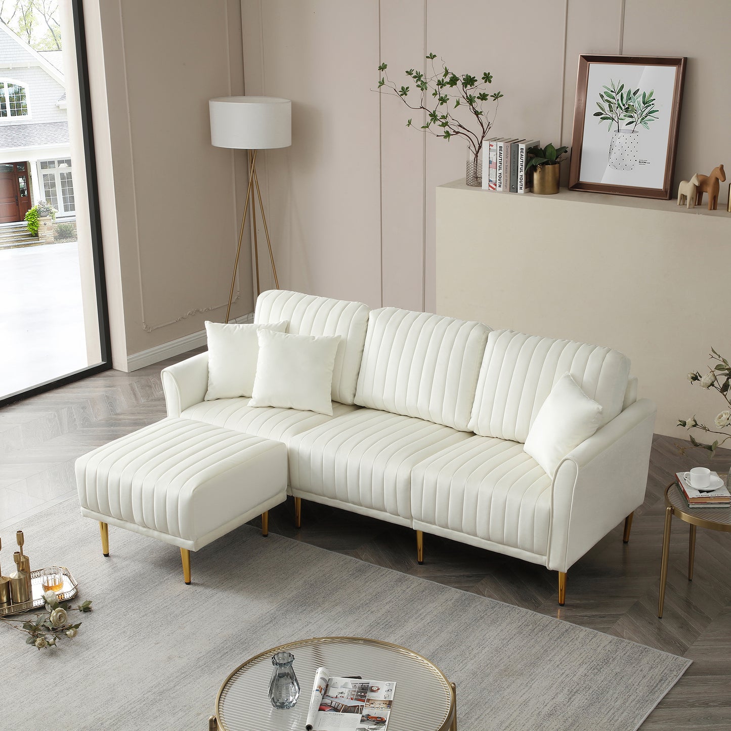 L Shaped Sectional Sofa Couch with Velvet Fabric, Reversible for Small Space, Cream Color