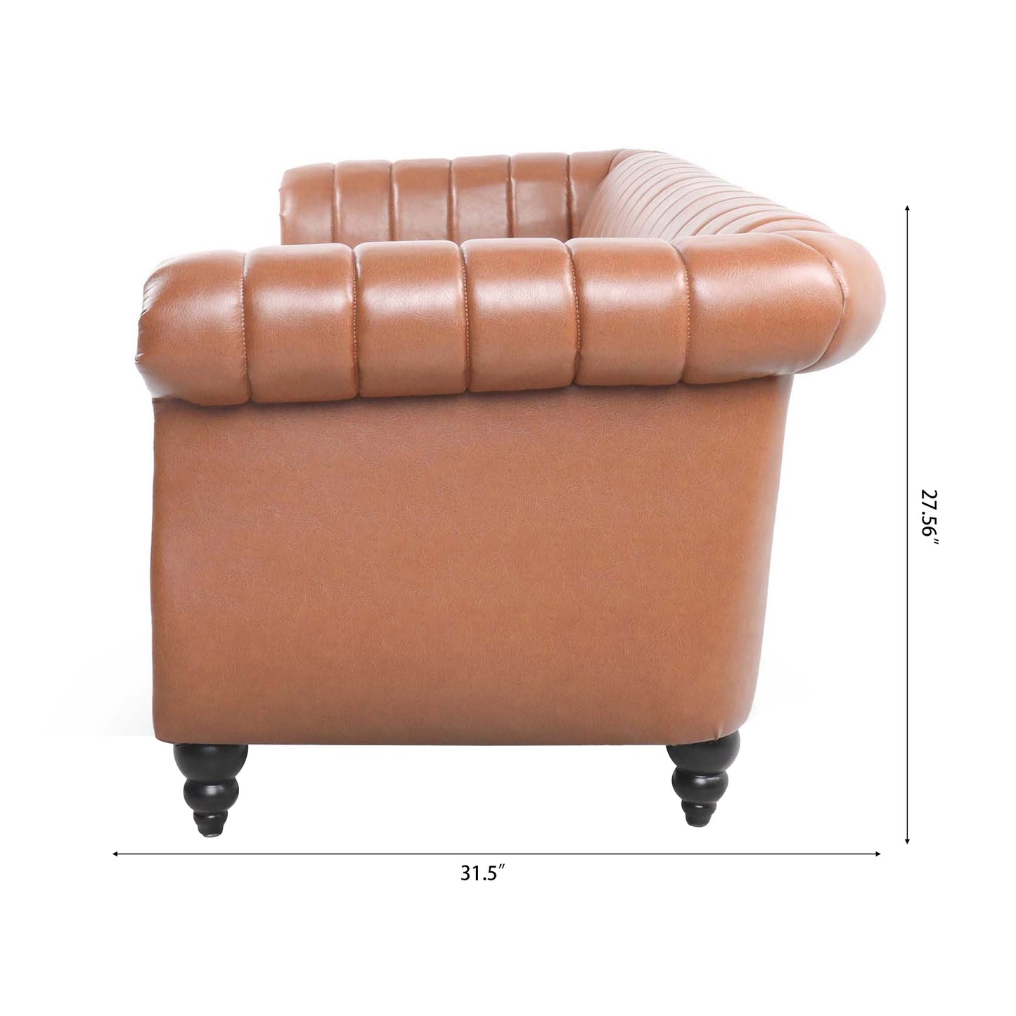 83.46" Brown PU Rolled Arm Chesterfield 3-Seater Sofa: Elegant and Spacious