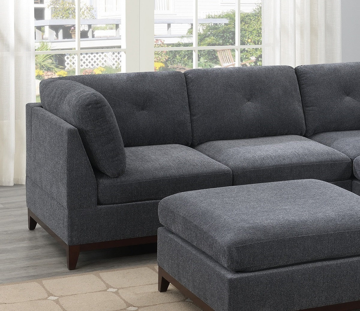 Ash Grey Chenille Fabric Modular Sectional 6pc Set Living Room Furniture Corner L-Sectional Couch with 2 Corner Wedges, 2 Armless Chairs, and 2 Ottomans - Tufted Back, Exposed Wooden Base