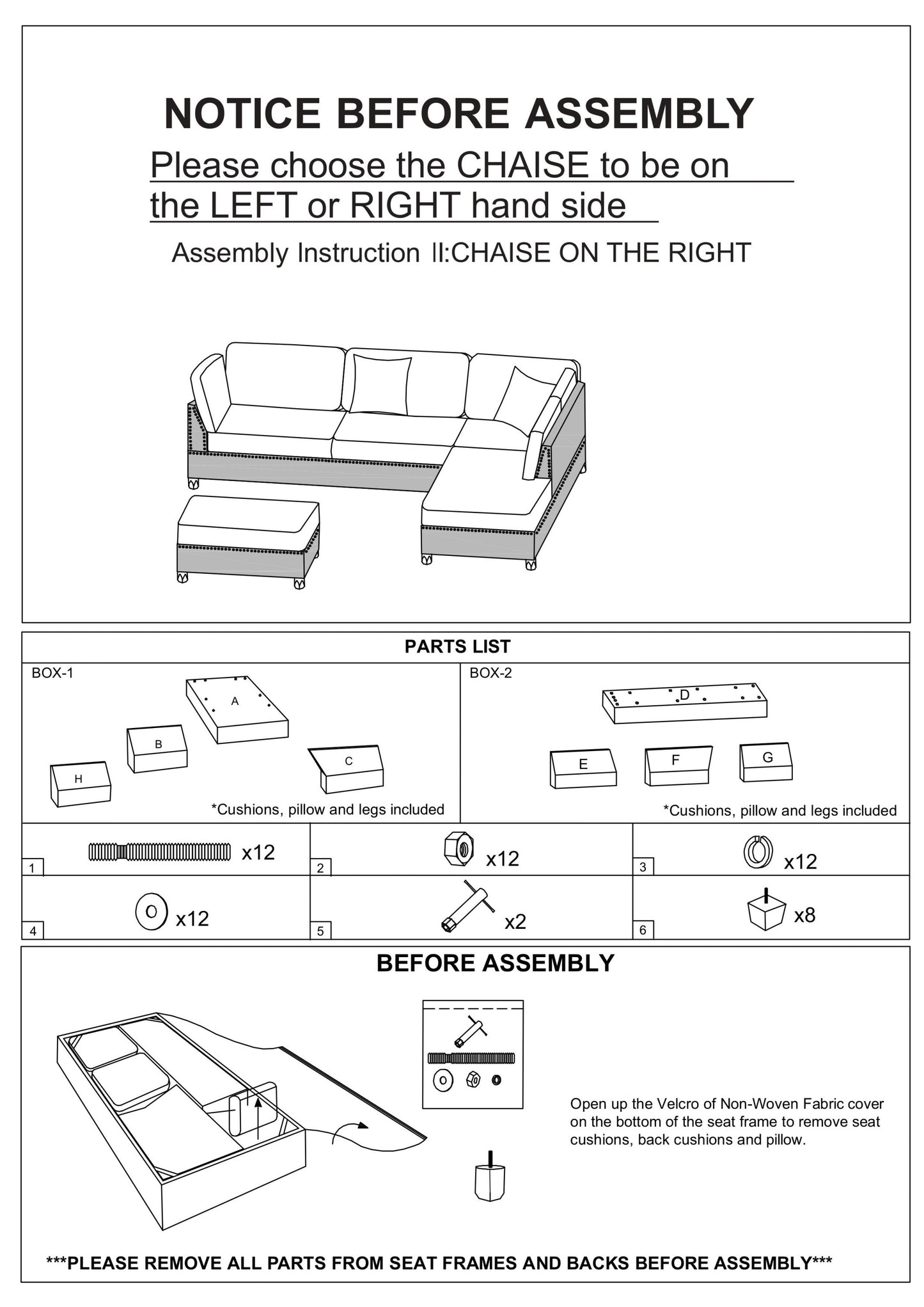 3-Pcs Black Polyfiber Sectional Sofa with Reversible Chaise & Ottoman - Cushion Sofa, Pillows Included