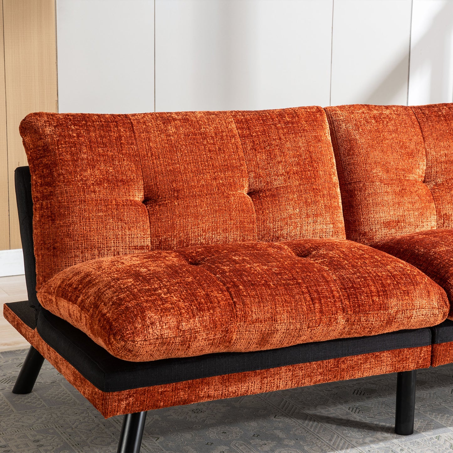 Convertible Sofa Bed Loveseat Futon Bed Breathable Adjustable Lounge Couch with Metal Legs - Compact Living Space Chenille-Orange