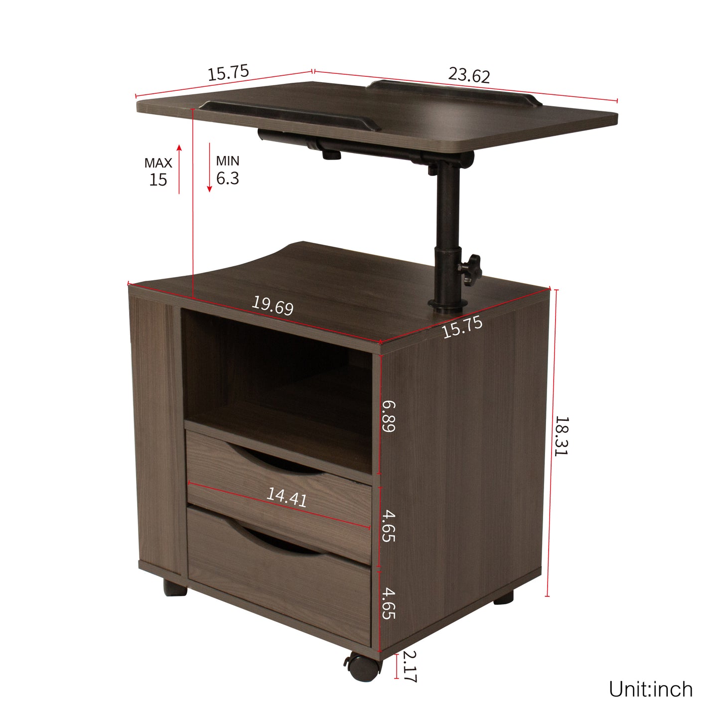 Height Adjustable Overbed End Table Wooden Nightstand with Swivel Top, Storage Drawers, Wheels and Open Shelf, (Black oak)
