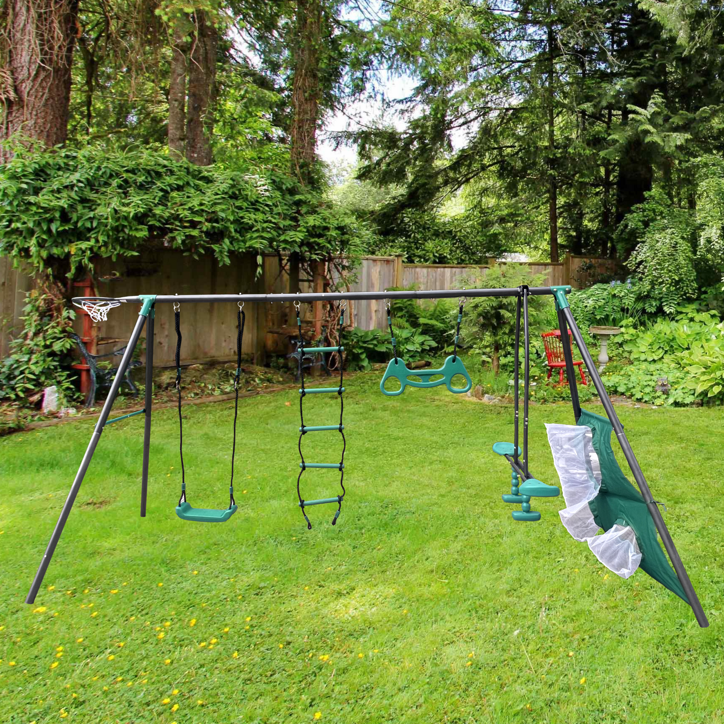 Blackish Green Four Function Swingset with Metal Plastic Swing Seat - 550lbs, Outdoor Playground for Age 3+