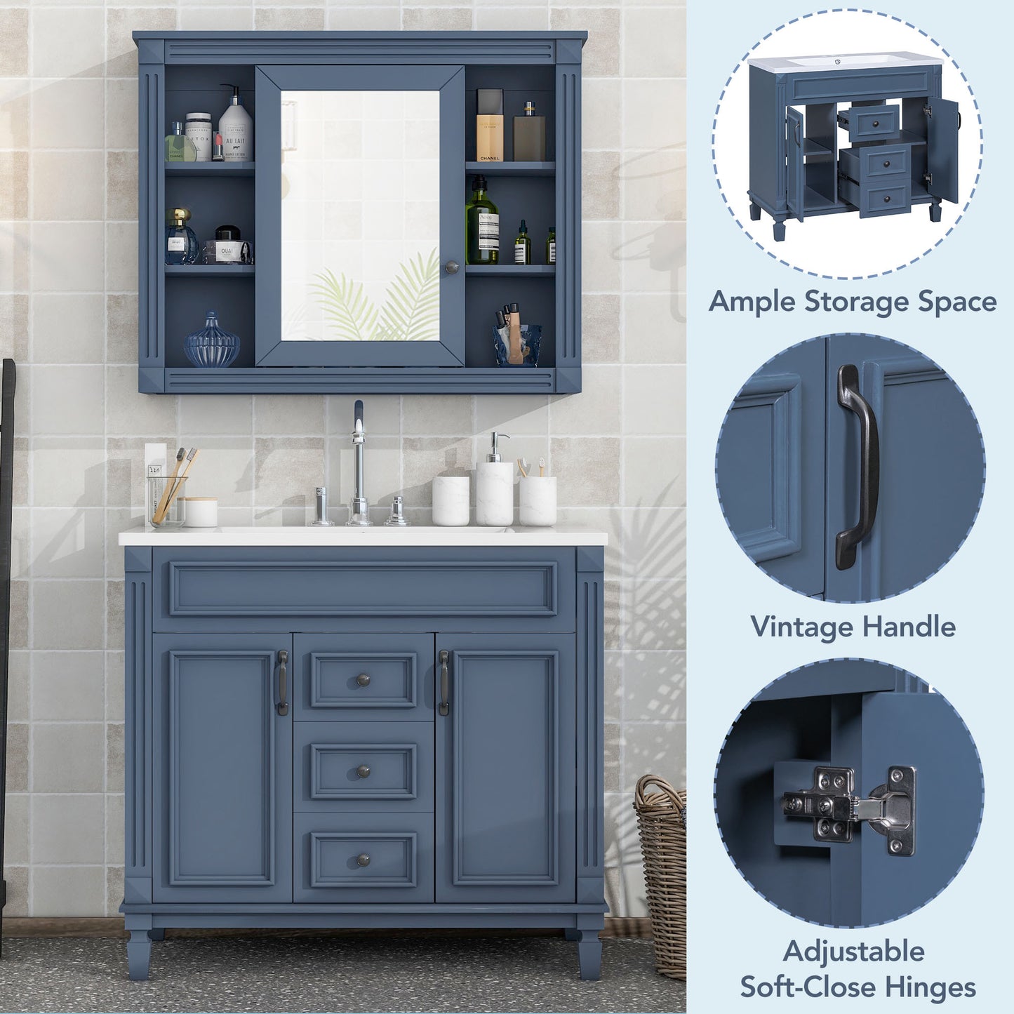 36'' Bathroom Vanity with Top Sink - Royal Blue Mirror Cabinet, Modern Storage Cabinet with 2 Doors and 2 Drawers - Single Sink Vanity