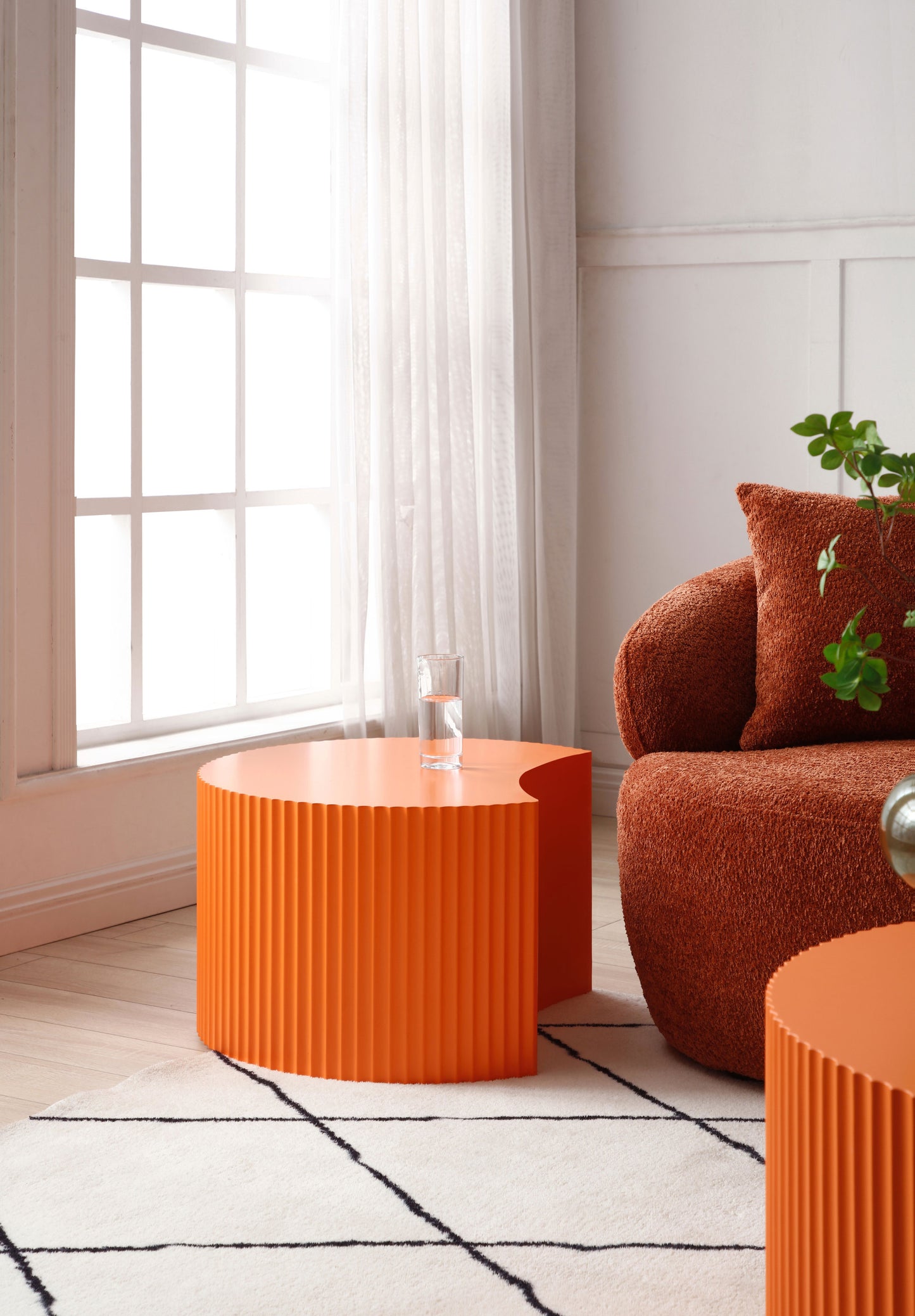 31.5" Nesting Table Set of 2: Round & Half Moon Shapes, No Assembly Needed, Bright Orange - Ideal for Living Room, Office, and Leisure Areas.