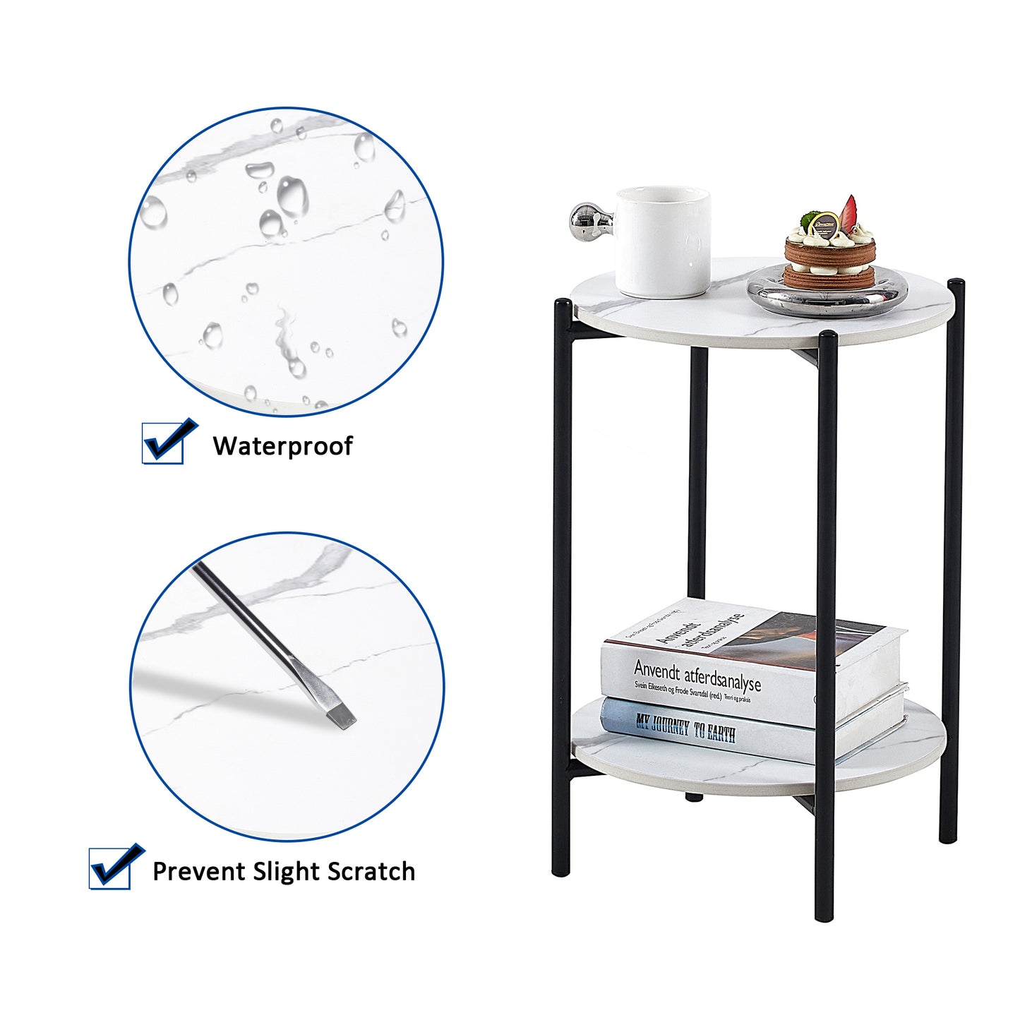 2-Layer End Table with Whole Marble Tabletop, Round Coffee Table with Black Metal Frame - White,1 piece: Stylish and Functional Furniture for Bedroom Living Room Office.