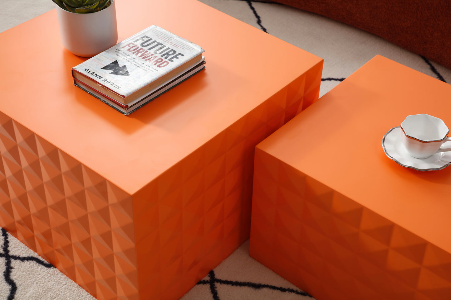 Handcrafted Relief MDF Nesting Table Set: Square Coffee Table, No Assembly Required | Unique Handmade Design | 2-Piece Set | Natural Wood Finish | 220 Letters