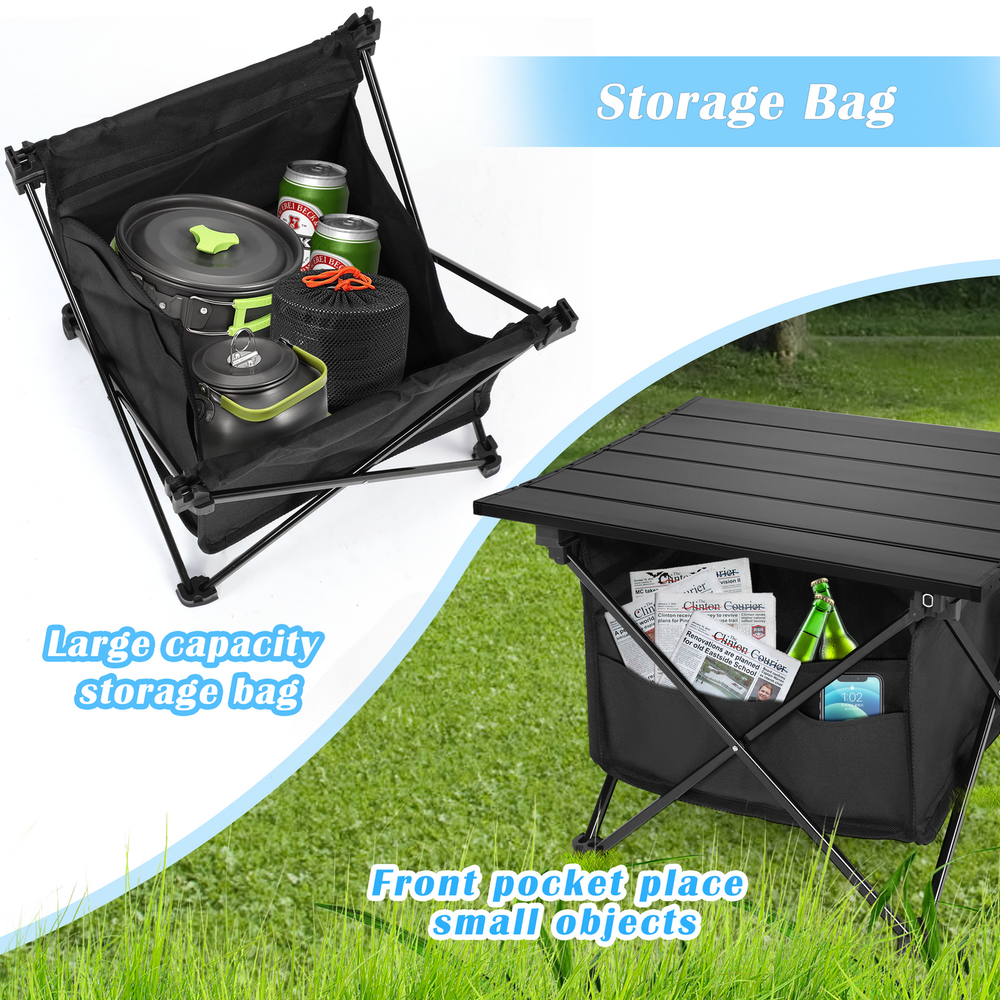 Portable Folding Aluminum Alloy Table with High-Capacity Storage and Carry Bag for Camping, Traveling, Hiking, Fishing, Beach, BBQ - Large, Black